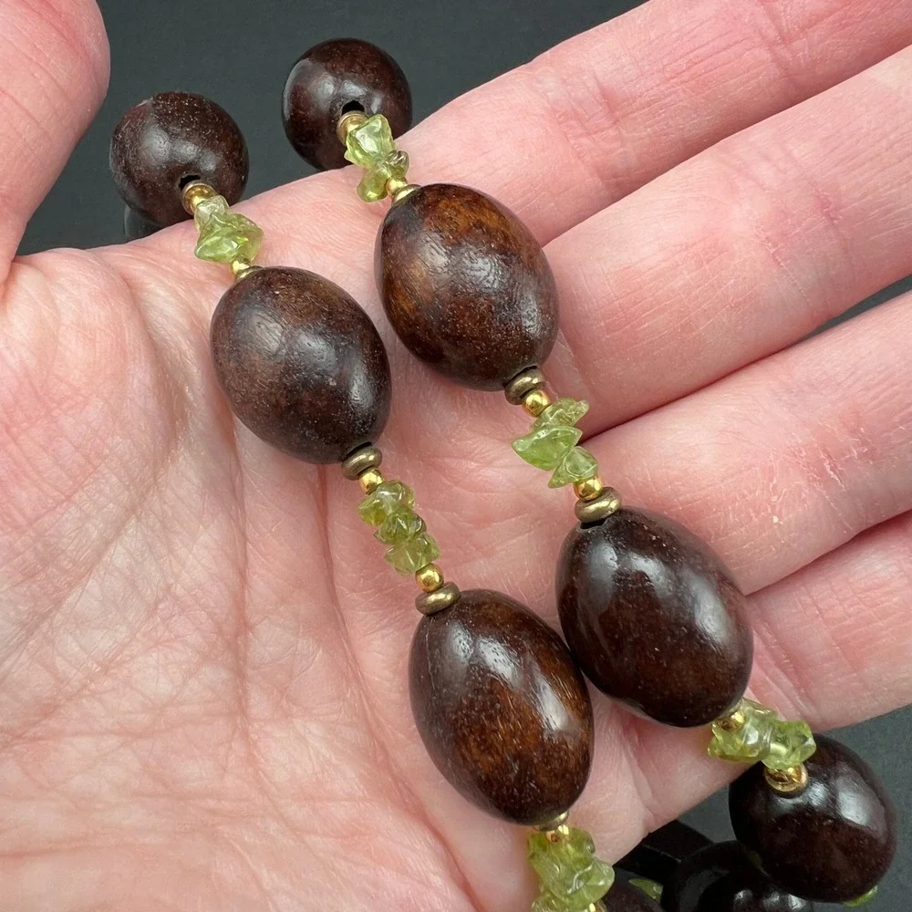 Boho Beaded Necklace Brown Green Wood Stone Coconut Shell 19